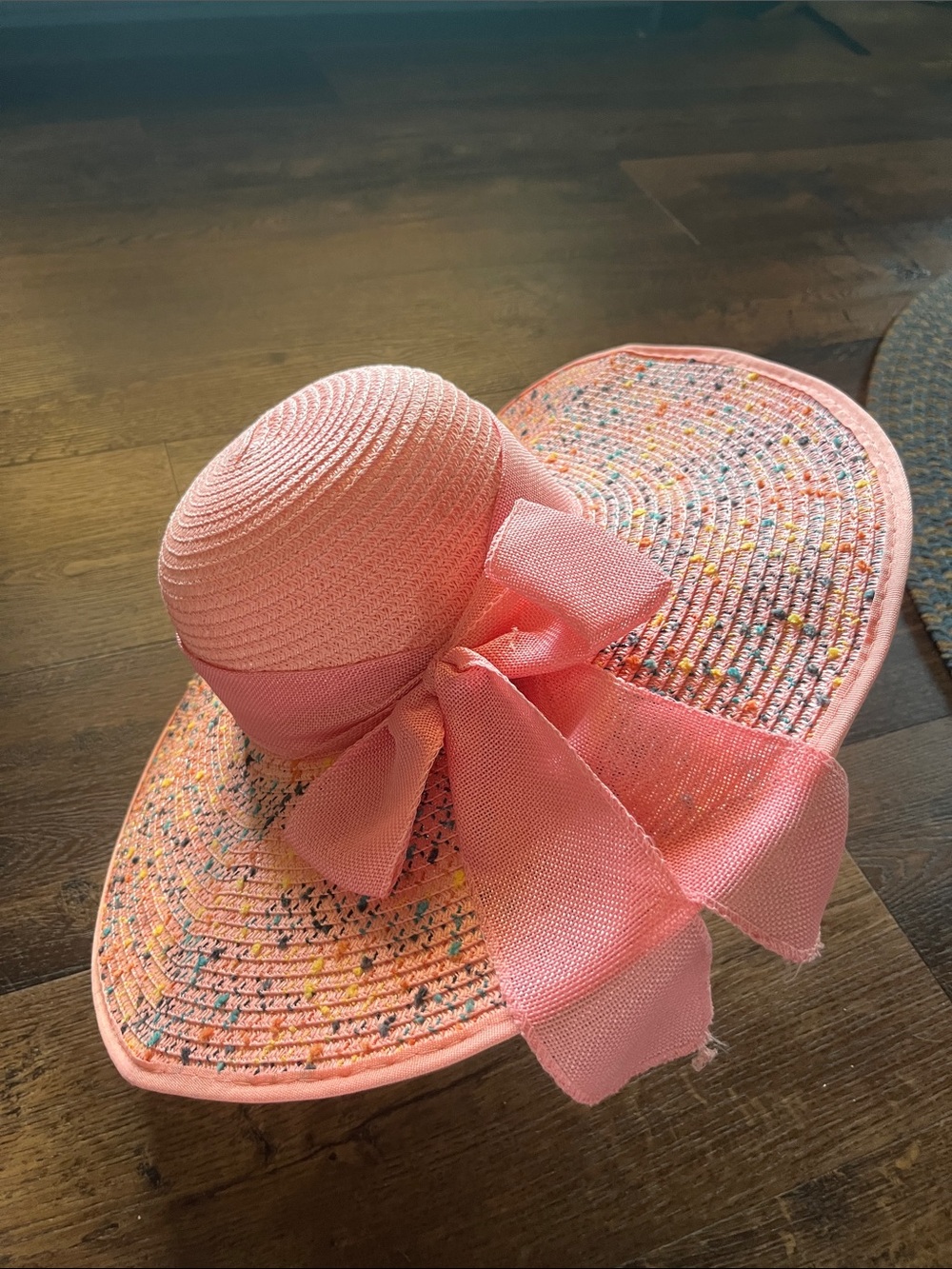 Wide-Brim Straw Sun Hat with Bow - Coral Pink